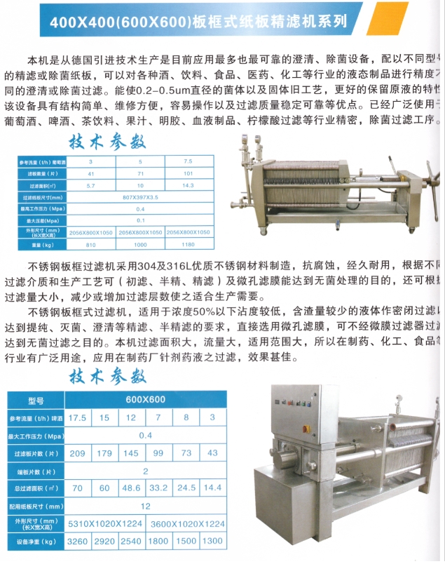 400X400(600X600)板框式紙板精濾機(jī)系列2